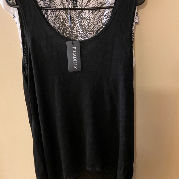 Picadilly sheer white tunic with black design & built-in black tank top - L -NWT - Picture 3 of 14